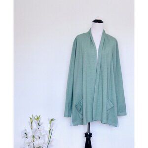 LOGO by Lori Goldstein Open Front Cardigan Swiss Dot Trim Green SZ L